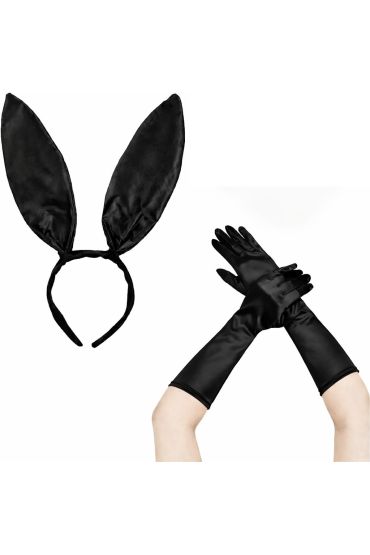 Siyah Parlak Tavşan Kulak ve 40 cm Parlak Siyah Eldiven Kostüm Seti