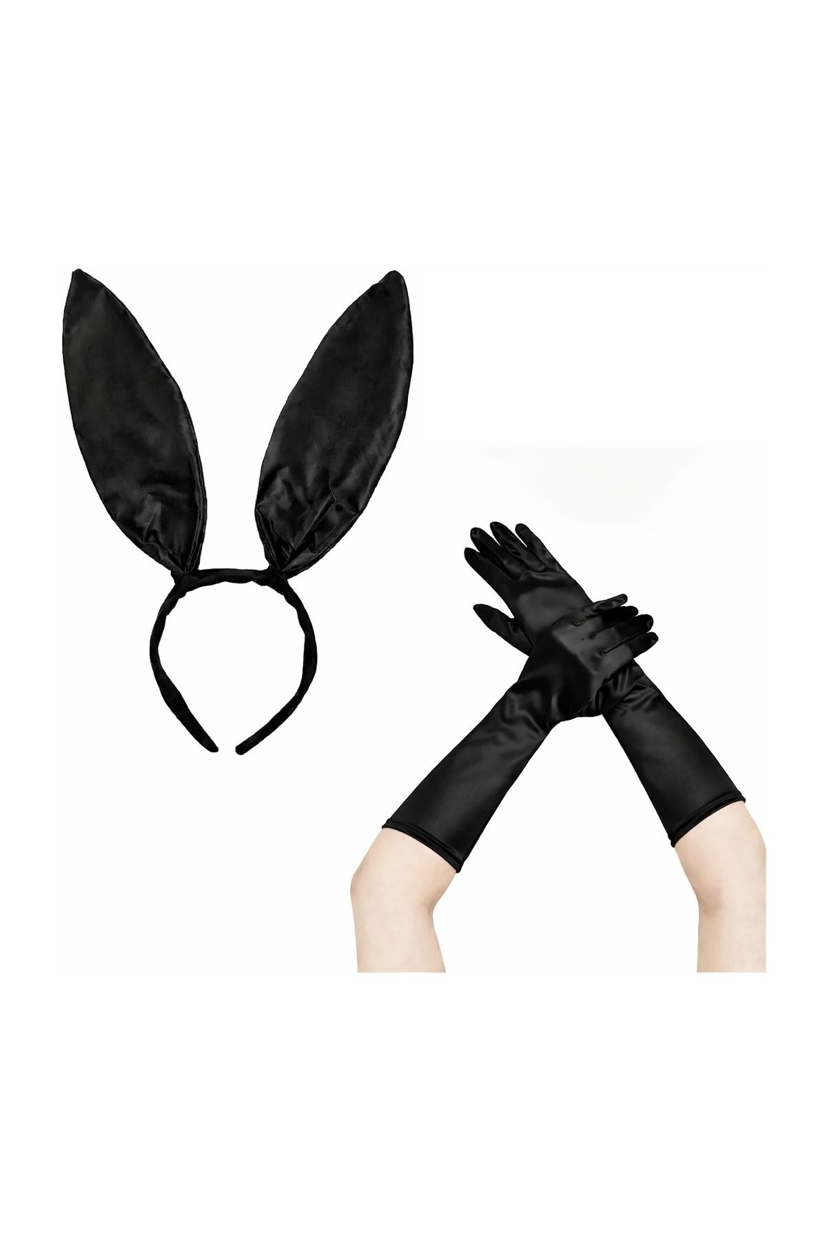 Siyah Parlak Tavşan Kulak ve 40 cm Parlak Siyah Eldiven Kostüm Seti