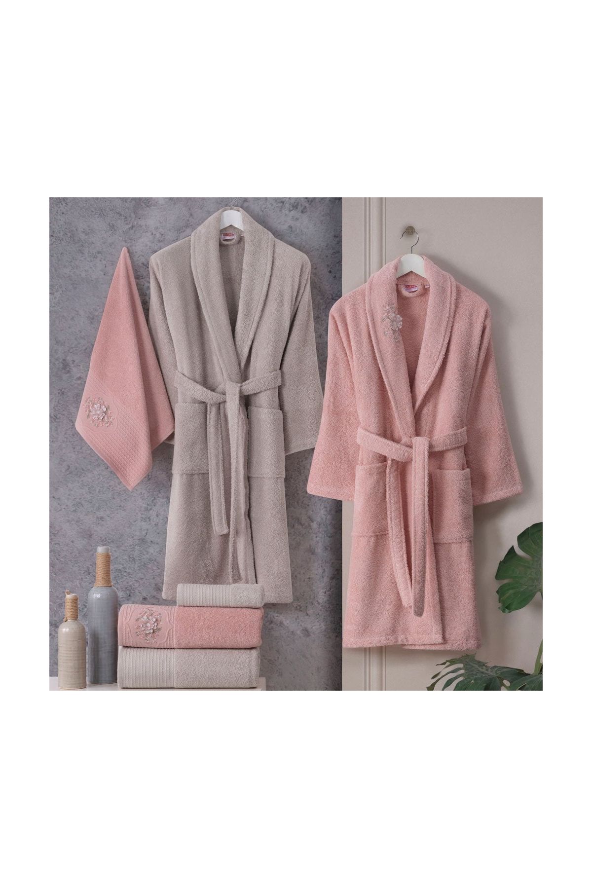 Line - Pamuklu Bornoz Seti - Pembe K. Bej