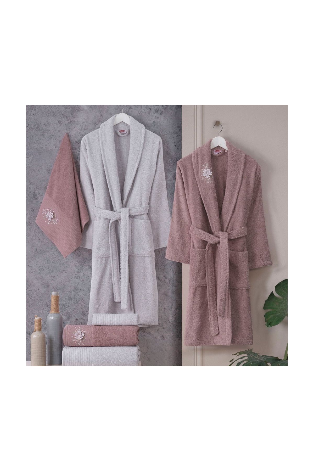 Line - Pamuklu Bornoz Seti - Gül A.Gri