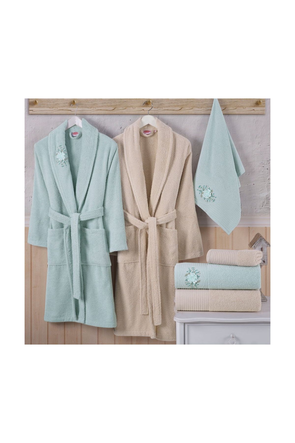 Line - Pamuklu Bornoz Seti - S. Yeşili Krem