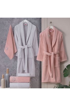 Line - Pamuklu Bornoz Seti - Pembe Gri