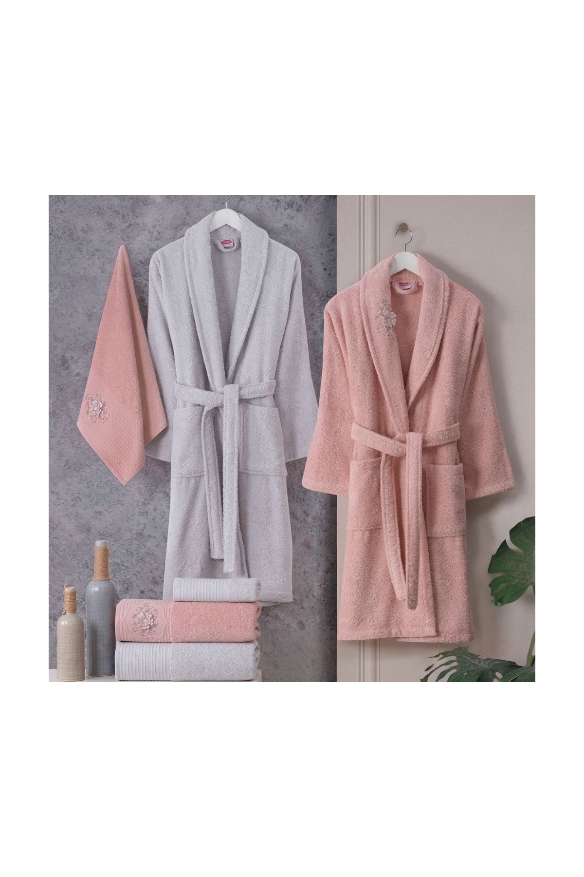 Line - Pamuklu Bornoz Seti - Pembe Gri