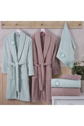 Line - Pamuklu Bornoz Seti - S. Yeşili K. Bej