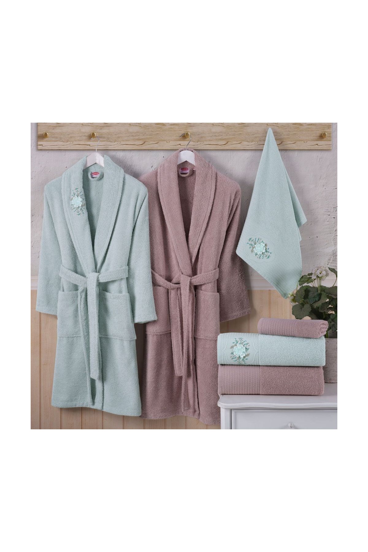 Line - Pamuklu Bornoz Seti - S. Yeşili K. Bej