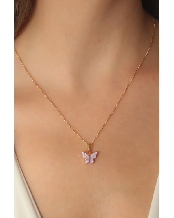 Gold Lila Renk Kelebek Figür Kadın Kolye - TJ-BKO6814