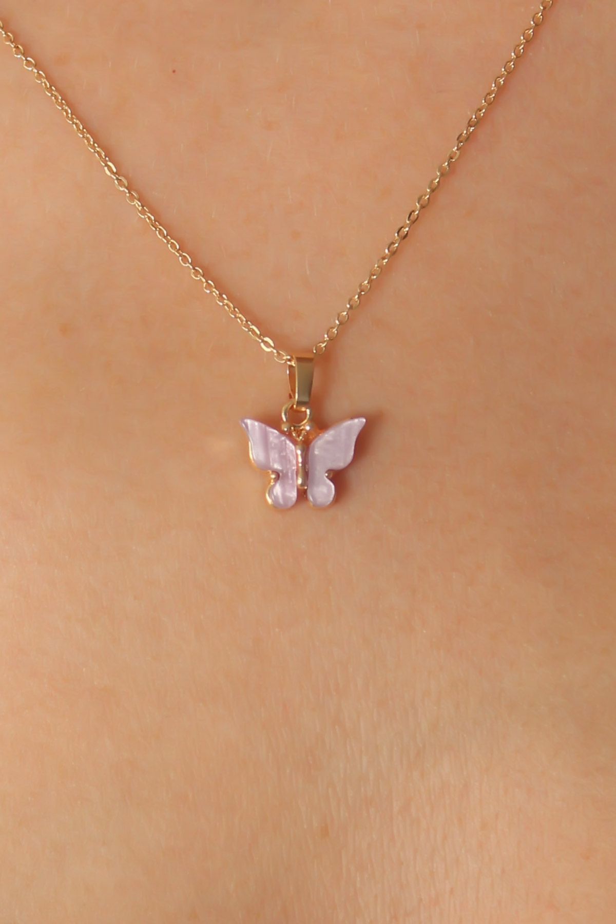 Gold Lila Renk Kelebek Figür Kadın Kolye - TJ-BKO6814