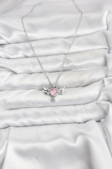 316L Çelik Zincir Gümüş Renk Kanatlı Kalp Model Zirkon Taşlı Kadın Kolye - TJ-BKO10836