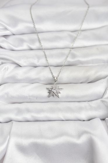 316L Çelik Zincir Gümüş Renk Yıldız Model Zirkon Taşlı Kadın Kolye - TJ-BKO10845