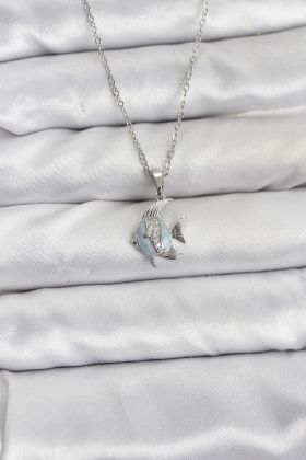 316L Çelik Zincir Gümüş Renk Balık Model Zirkon Taşlı Kadın Kolye - TJ-BKO10847