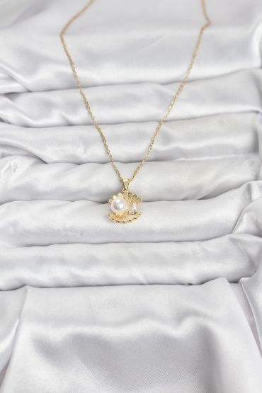 316L Çelik Zincir Gold Renk İstiridye İnci Model Zirkon Taşlı Kadın Kolye - TJ-BKO10850