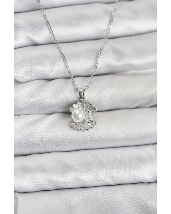 316L Çelik Zincir Gümüş Renk İstiridye İnci Model Zirkon Taşlı Kadın Kolye - TJ-BKO10851