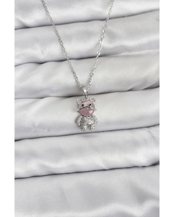 316L Çelik Zincir Gümüş Renk Teddy Bear Model Zirkon Taşlı Kadın Kolye - TJ-BKO10853