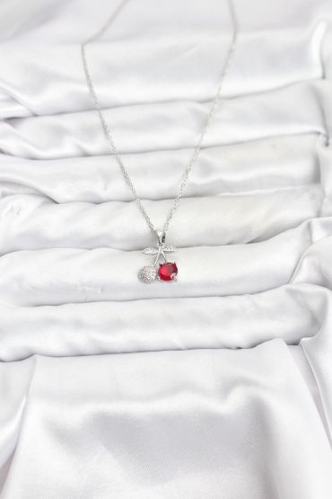 316L Çelik Zincir Gümüş Renk Kiraz Model Zirkon Taşlı Kadın Kolye - TJ-BKO10855
