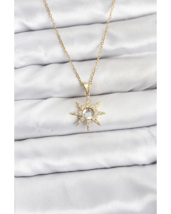 316L Çelik Zincir Gold Renk Kutup Yıldızı Model Zirkon Taşlı Kadın Kolye - TJ-BKO10861