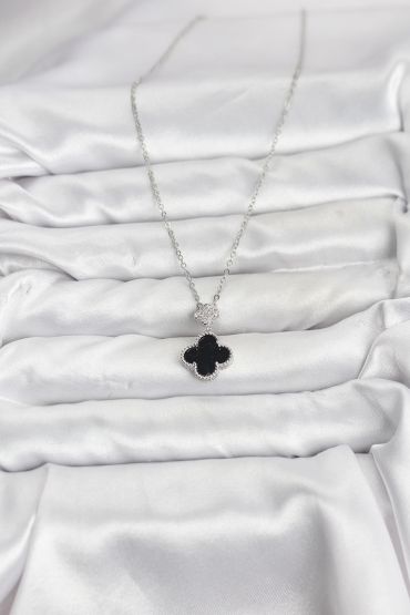 316L Çelik Zincir Gümüş Renk Yonca Model Zirkon Taşlı Kadın Kolye - TJ-BKO10862