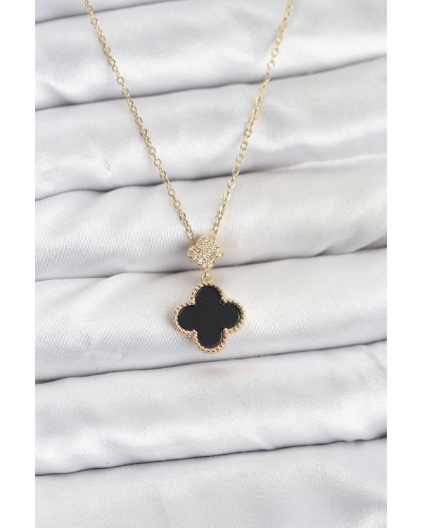 316L Çelik Zincir Gold Renk Yonca Model Zirkon Taşlı Kadın Kolye - TJ-BKO10863