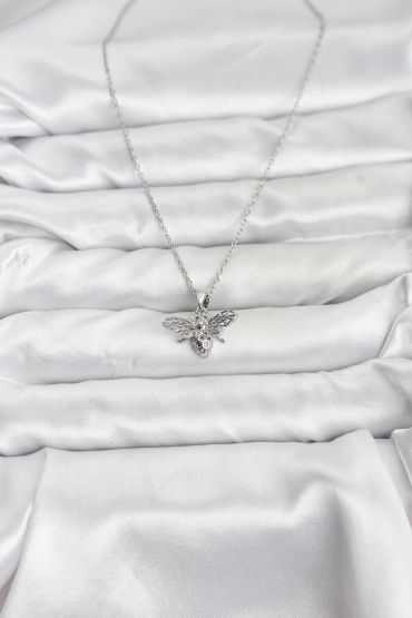 316L Çelik Zincir Gümüş Renk Sinek Model Zirkon Taşlı Kadın Kolye - TJ-BKO10874