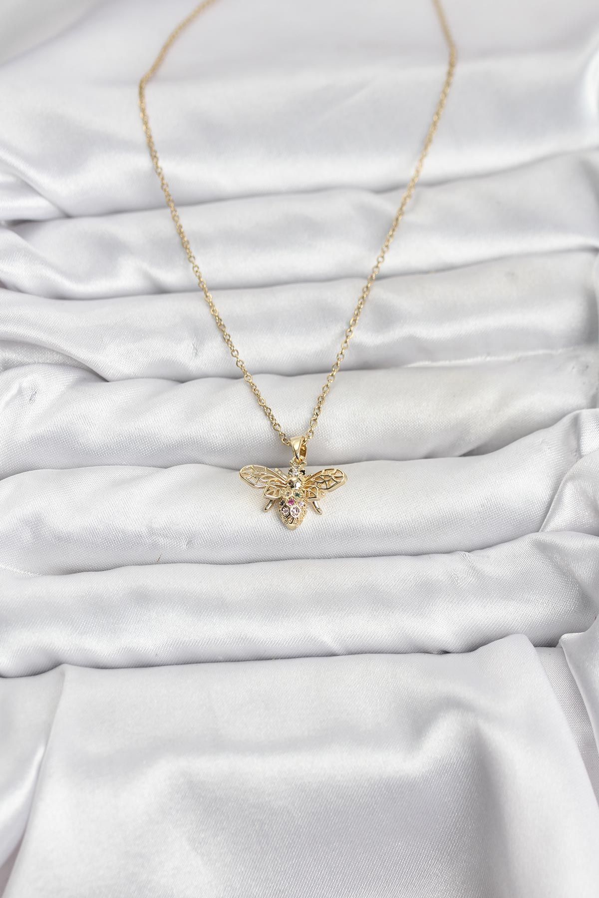 316L Çelik Zincir Gold Renk Sinek Model Zirkon Taşlı Kadın Kolye - TJ-BKO10875