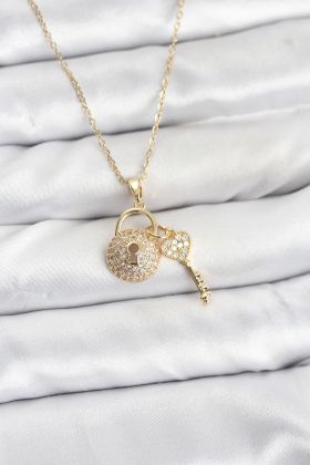 316L Çelik Zincir Gold Renk Kilit Anahtar Model Zirkon Taşlı Kadın Kolye - TJ-BKO10881