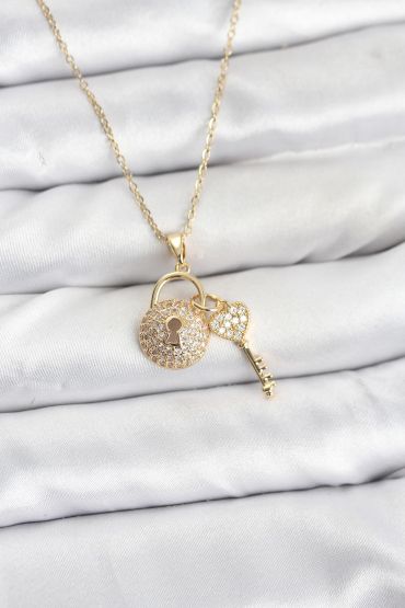 316L Çelik Zincir Gold Renk Kilit Anahtar Model Zirkon Taşlı Kadın Kolye - TJ-BKO10881