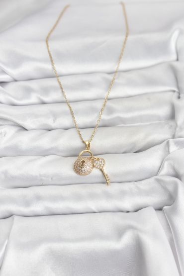 316L Çelik Zincir Gold Renk Kilit Anahtar Model Zirkon Taşlı Kadın Kolye - TJ-BKO10881