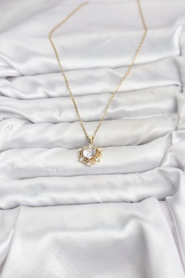 316L Çelik Zincir Gold Renk Kalp Model Zirkon Taşlı Kadın Kolye - TJ-BKO10883