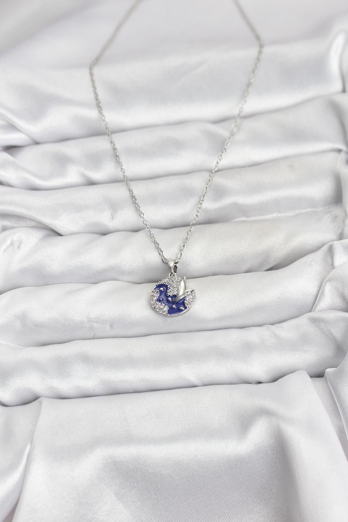 316L Çelik Zincir Gümüş Renk Gece Model Zirkon Taşlı Kadın Kolye - TJ-BKO10890