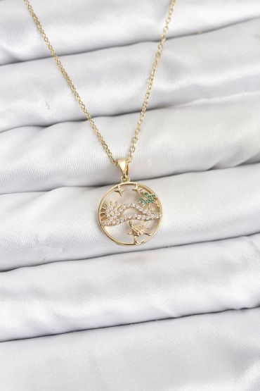 316L Çelik Zincir Gold Renk Şans Kolyesi Model Zirkon Taşlı Kadın Kolye - TJ-BKO10899