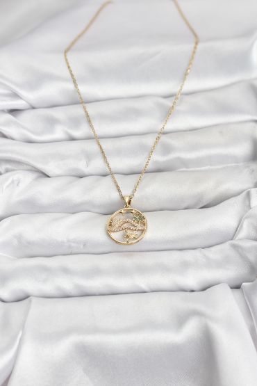 316L Çelik Zincir Gold Renk Şans Kolyesi Model Zirkon Taşlı Kadın Kolye - TJ-BKO10899