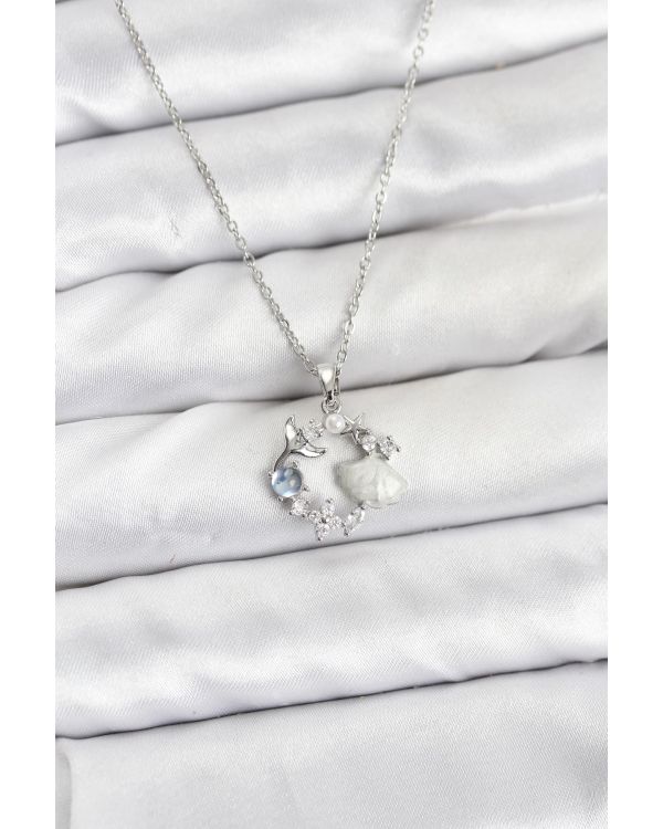 316L Çelik Zincir Gümüş Renk Deniz Tema Model Zirkon Taşlı Kadın Kolye - TJ-BKO10908