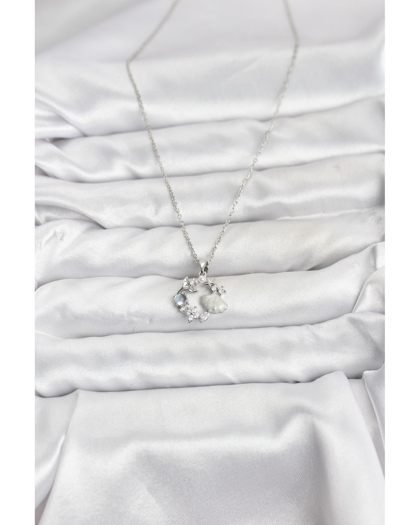 316L Çelik Zincir Gümüş Renk Deniz Tema Model Zirkon Taşlı Kadın Kolye - TJ-BKO10908