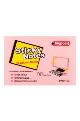Bigpoint Yapışkanlı Not Kağıdı 75x50mm Pembe x 12 Adet