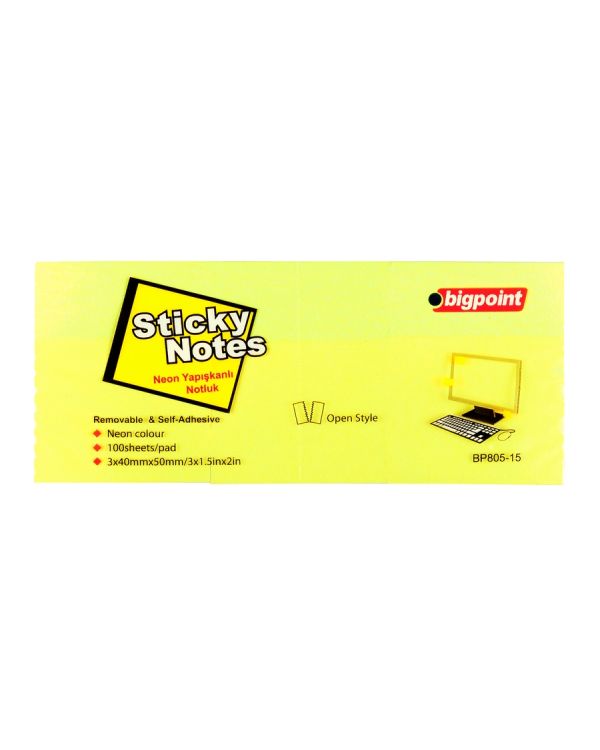 Bigpoint Yapışkanlı Not Kağıdı 3'lü 40x50mm Neon Sarı x 4 Paket