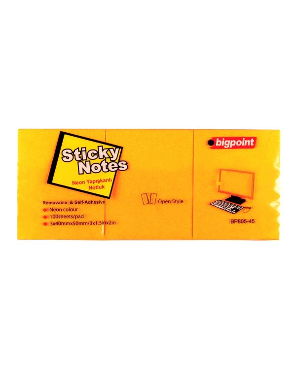Bigpoint Yapışkanlı Not Kağıdı 3'lü 40x50mm Neon Turuncu x 4 Paket