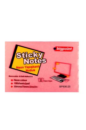 Bigpoint Yapışkanlı Not Kağıdı 75x50mm Neon Kırmızı x 12 Adet