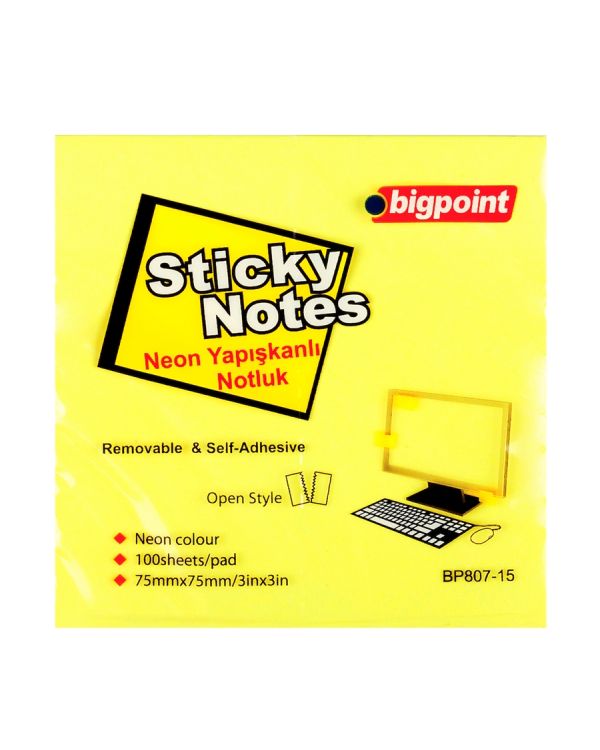 Bigpoint Yapışkanlı Not Kağıdı 75x75mm Neon Sarı x 12 Adet