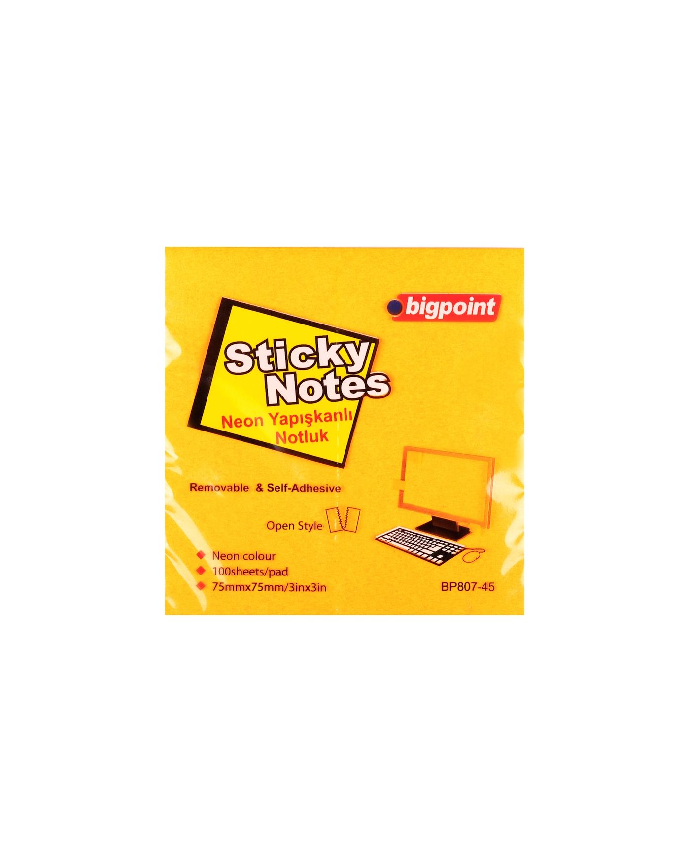 Bigpoint Yapışkanlı Not Kağıdı 75x75mm Neon Turuncu x 12 Adet