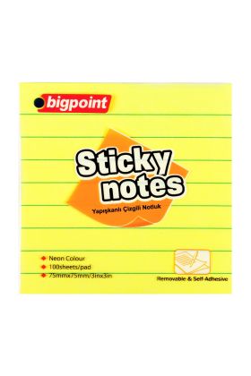 Bigpoint Yapışkanlı Not Kağıdı Çizgili 75x75mm Neon Sarı x 12 Adet