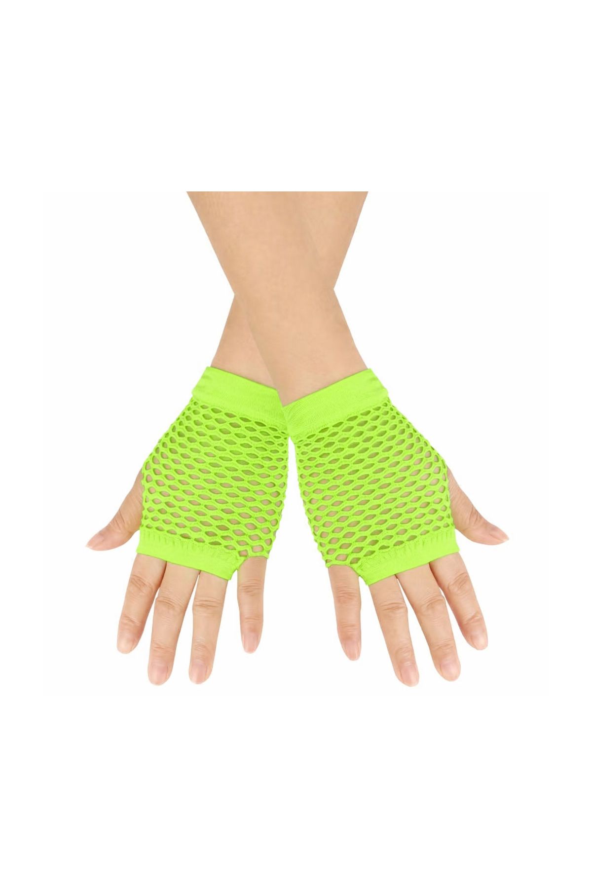 80’ler 90’lar Retro Neon Yeşil File Parmaksız Kısa Eldiven 11 cm