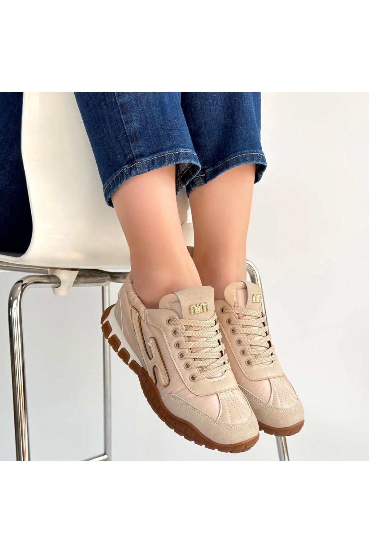 Huer Bej Nubuk Bağcıklı Spor Ayakkabı