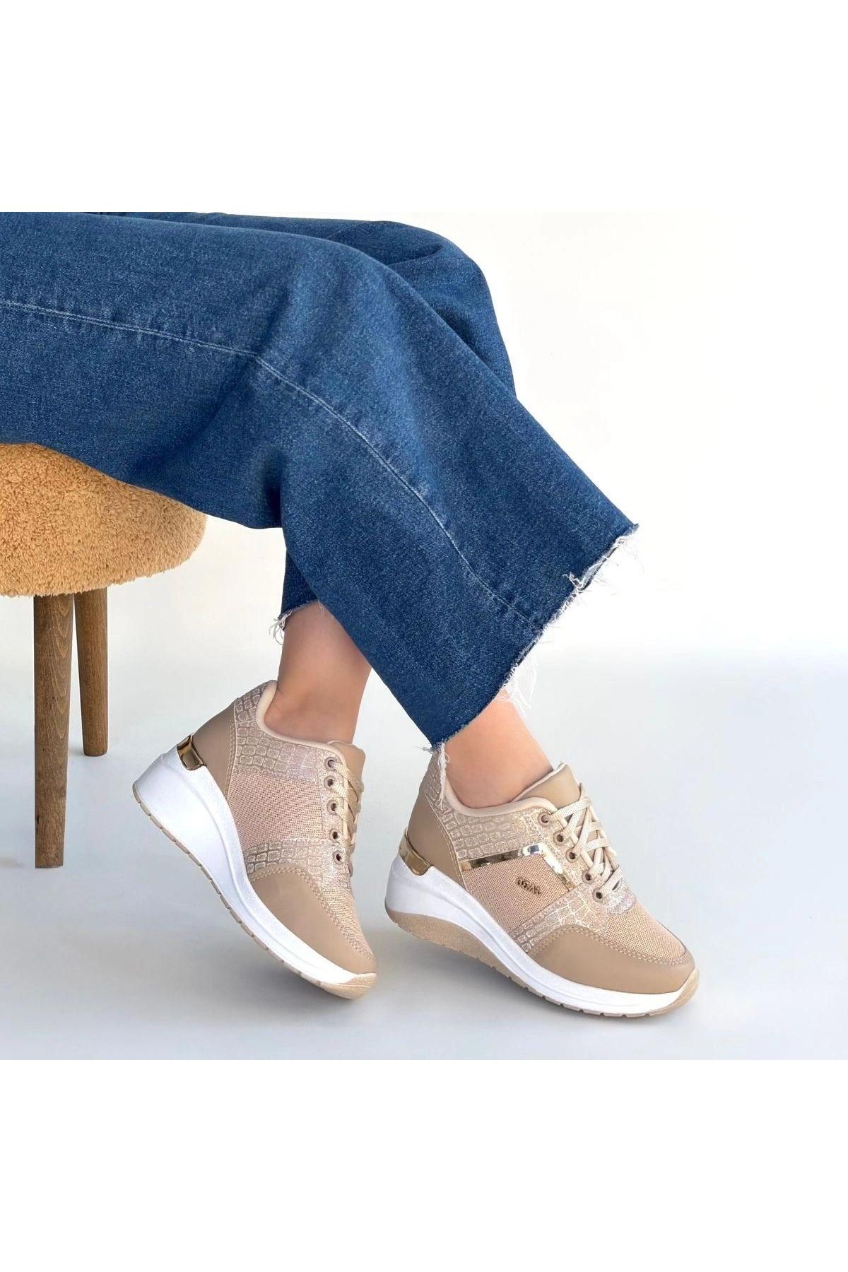 Geja Bej Cilt Bağcıklı Spor Ayakkabı