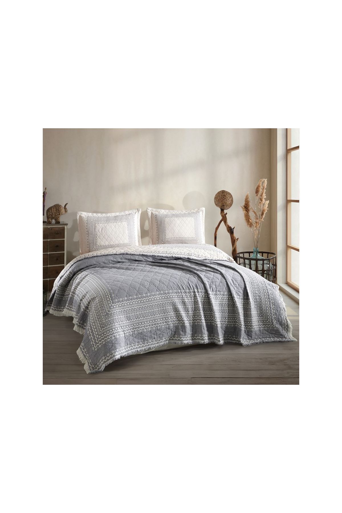 Çift Kişilik Müslin Yatak Örtüsü Nomada V1 Antrasit