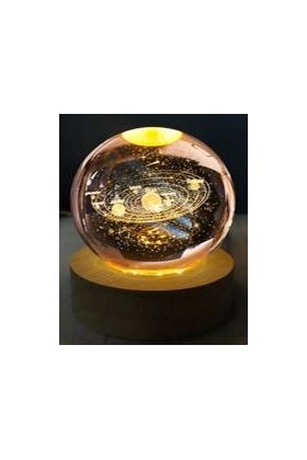 Dekoratif Gezegen Tasarımlı Ahşap altlıklı Işıklı Cam Küre Büyük Boy Cam 8 Cm Ahşap 2 Cm