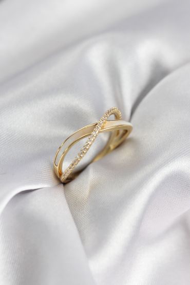 Zirkon Taşlı Sarmal Sedefli Gold Renk Kadın Yüzük - TJ-BYK3927