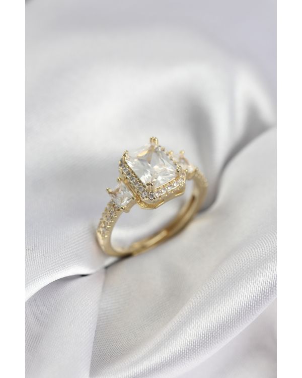 Gold Renk Kare Baget Zirkon Taşlı Tek Taş Model Kadın Yüzük - TJ-BYK3938