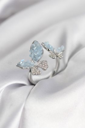 Gümüş Renk Mavi Kelebek Model Zirkon Taşlı Kadın Yüzük - TJ-BYK3945