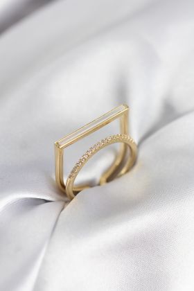 Gold Renk Sedefli Zirkon Taşlı 2'li Kadın Yüzük - TJ-BYK3955