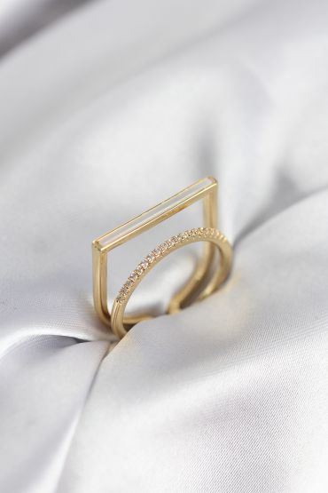 Gold Renk Sedefli Zirkon Taşlı 2'li Kadın Yüzük - TJ-BYK3955