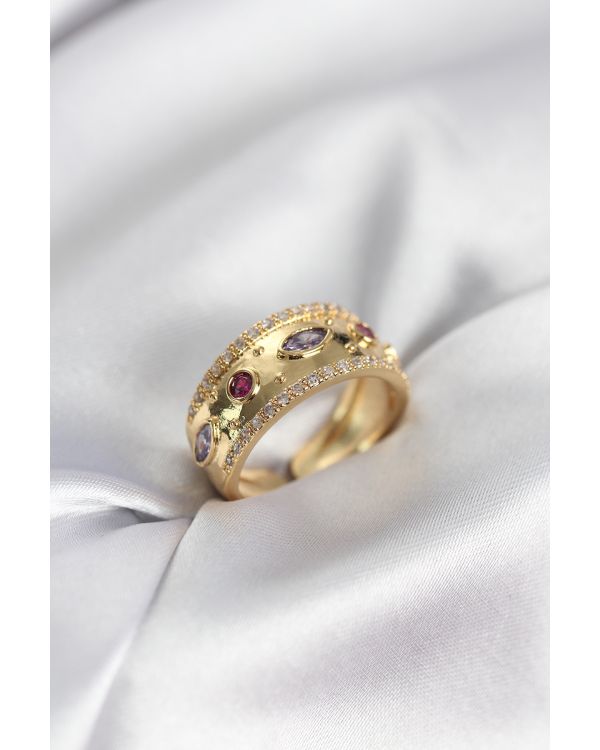 Gold Renk Zirkon Taşlı Vintage Kadın Yüzük - TJ-BYK3959